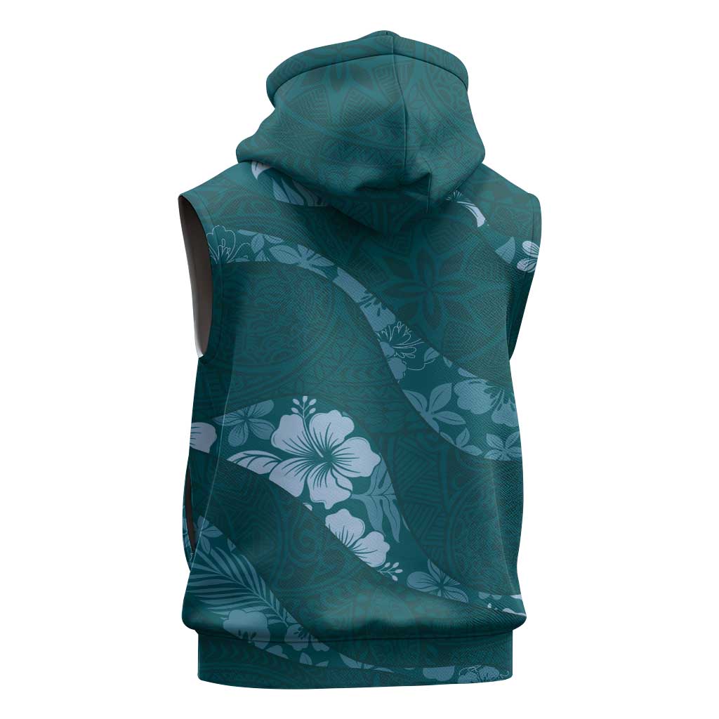 Aloha Hawaii Floral Tapa Sleeveless Zip Hoodie Patchwork Teal - Polynesian Pride