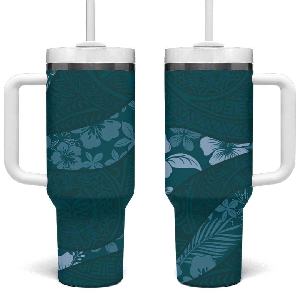 Aloha Hawaii Floral Tapa Tumbler With Handle Patchwork Teal - Polynesian Pride