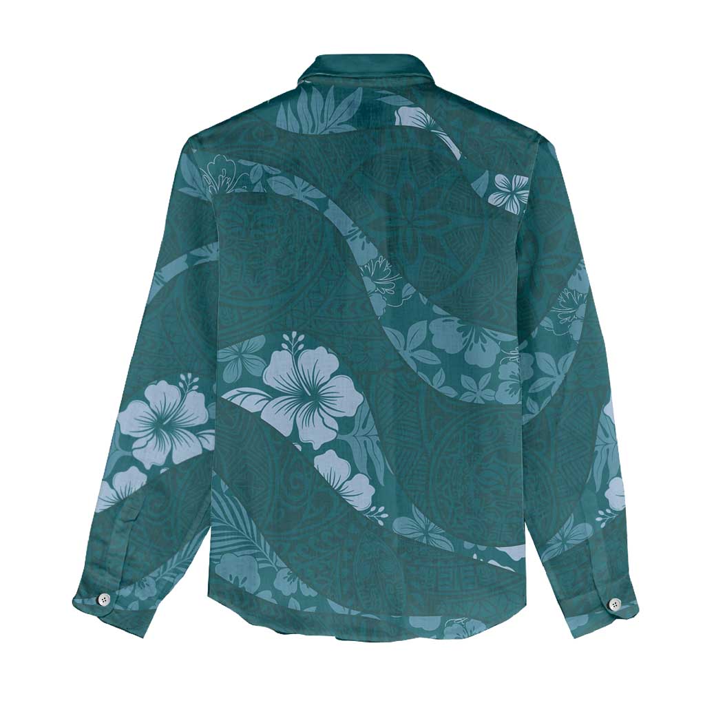 Aloha Hawaii Floral Tapa Women Casual Shirt Patchwork Teal - Polynesian Pride