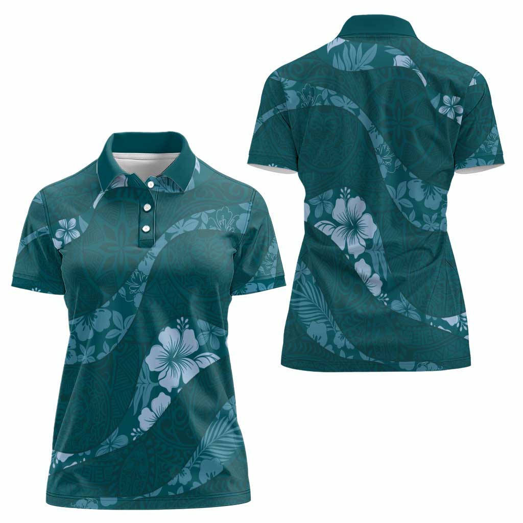 Aloha Hawaii Floral Tapa Women Polo Shirt Patchwork Teal - Polynesian Pride