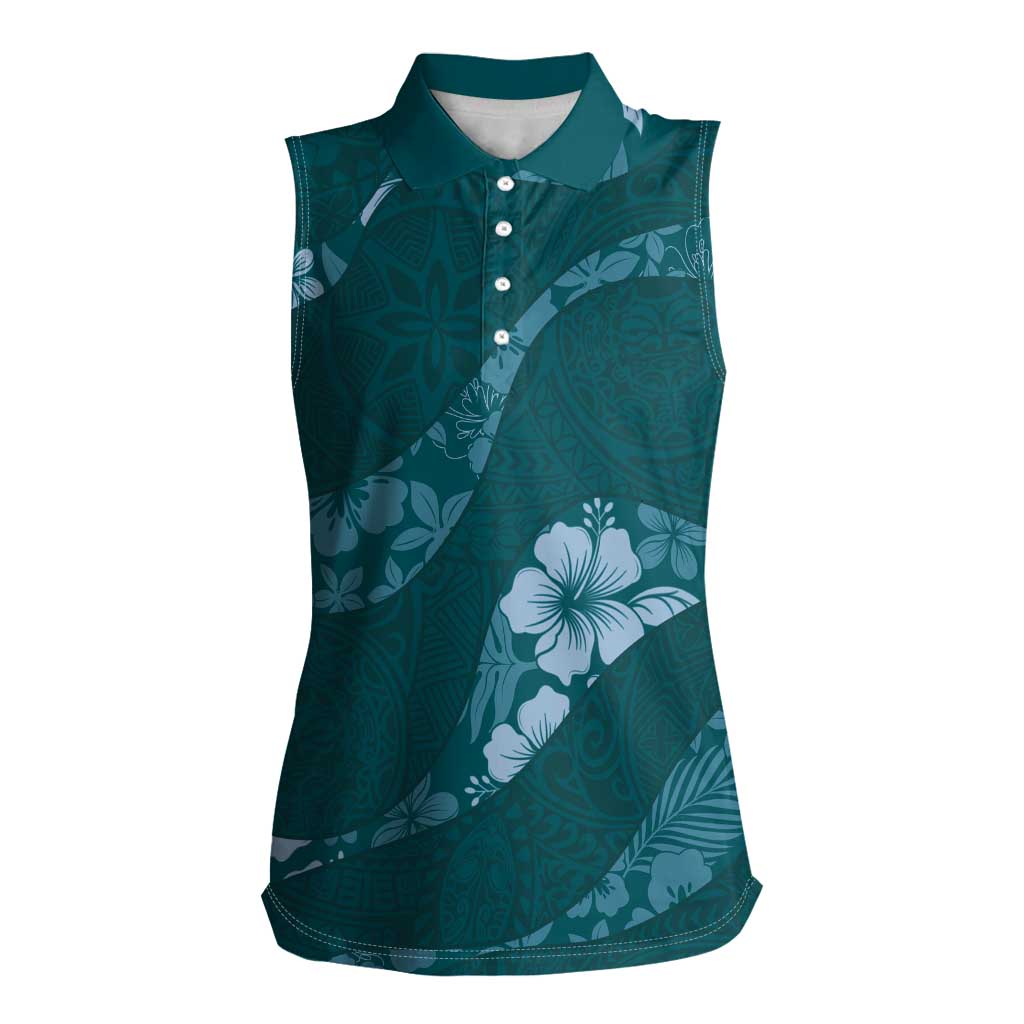 Aloha Hawaii Floral Tapa Women Sleeveless Polo Shirt Patchwork Teal - Polynesian Pride