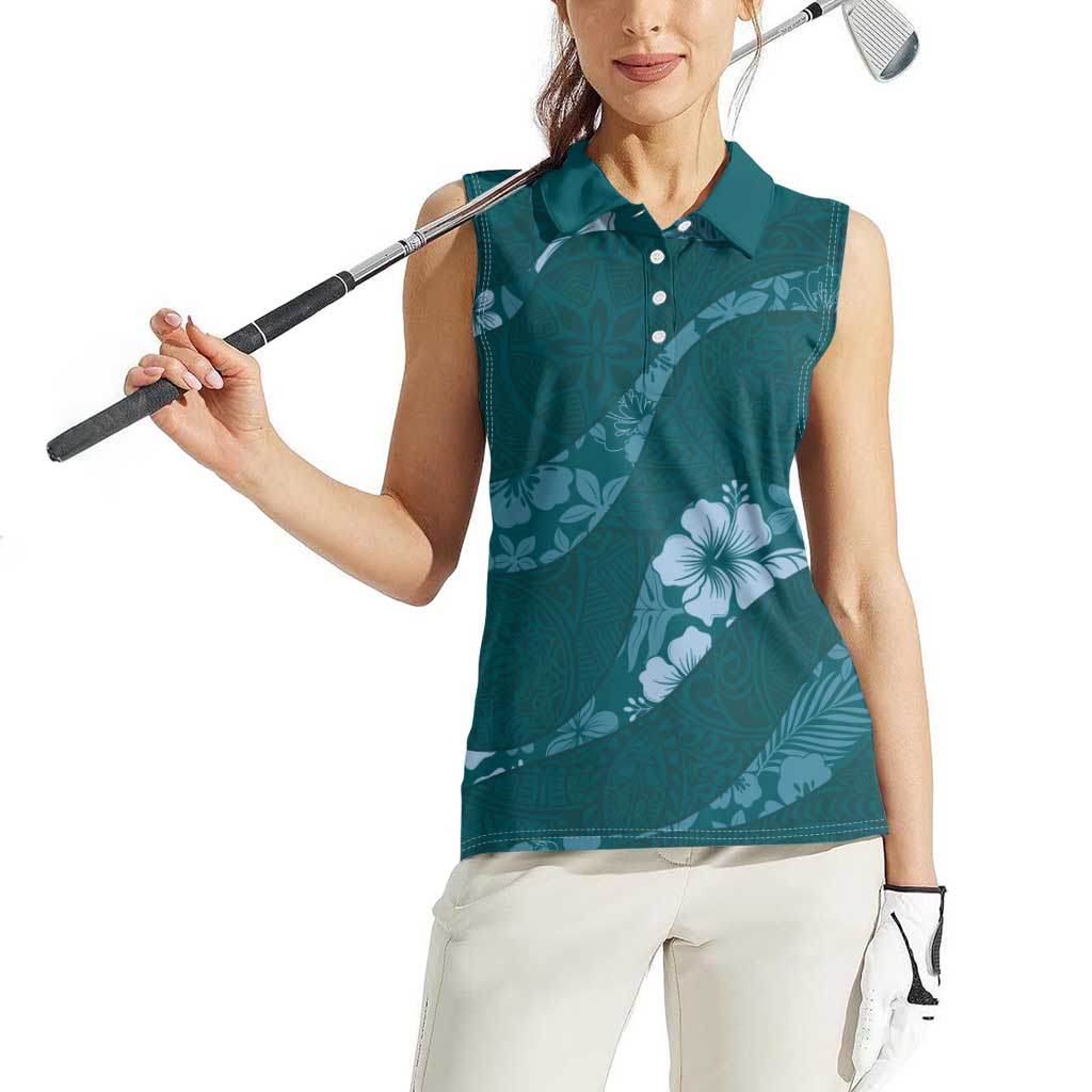 Aloha Hawaii Floral Tapa Women Sleeveless Polo Shirt Patchwork Teal - Polynesian Pride