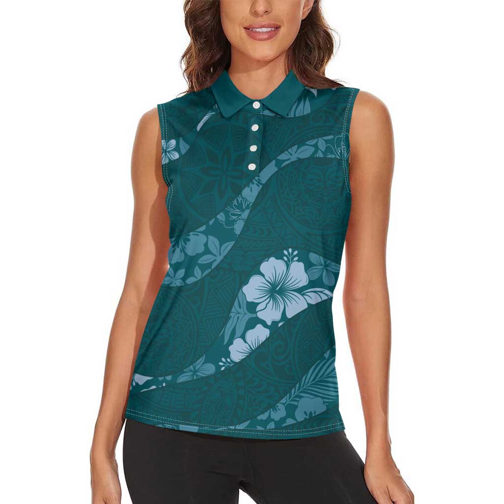 Aloha Hawaii Floral Tapa Women Sleeveless Polo Shirt Patchwork Teal - Polynesian Pride
