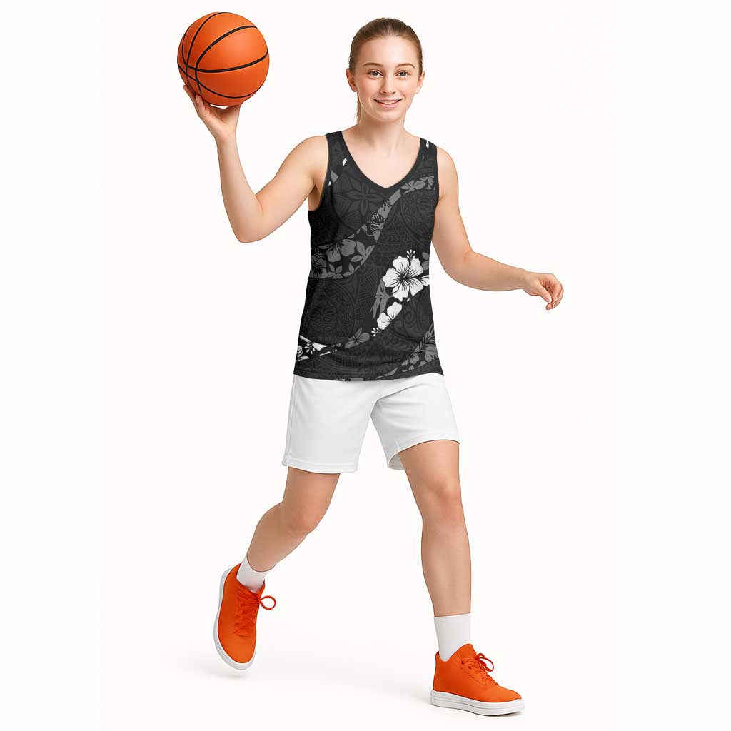 Aloha Hawaii Floral Tapa Basketball Jersey Patchwork Charcoal - Polynesian Pride