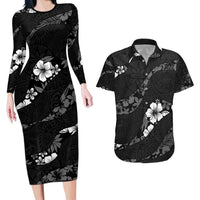 Aloha Hawaii Floral Tapa Couples Matching Long Sleeve Bodycon Dress and Hawaiian Shirt Patchwork Charcoal - Polynesian Pride