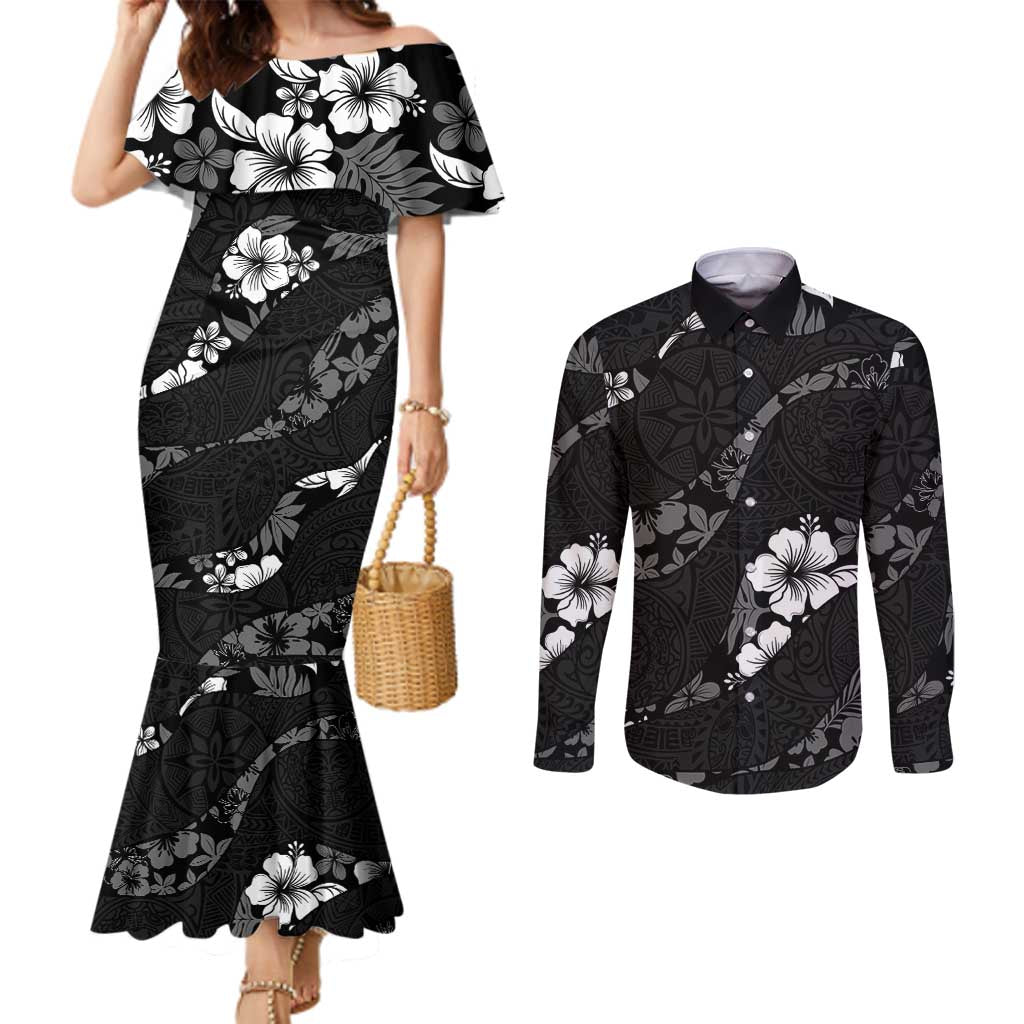 Aloha Hawaii Floral Tapa Couples Matching Mermaid Dress and Long Sleeve Button Shirt Patchwork Charcoal - Polynesian Pride