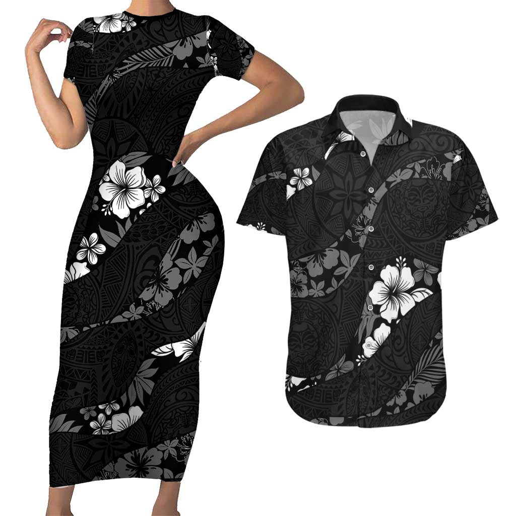 Aloha Hawaii Floral Tapa Couples Matching Short Sleeve Bodycon Dress and Hawaiian Shirt Patchwork Charcoal - Polynesian Pride