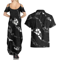 Aloha Hawaii Floral Tapa Couples Matching Summer Maxi Dress and Hawaiian Shirt Patchwork Charcoal - Polynesian Pride