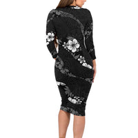 Aloha Hawaii Floral Tapa Family Matching Long Sleeve Bodycon Dress and Hawaiian Shirt Patchwork Charcoal - Polynesian Pride