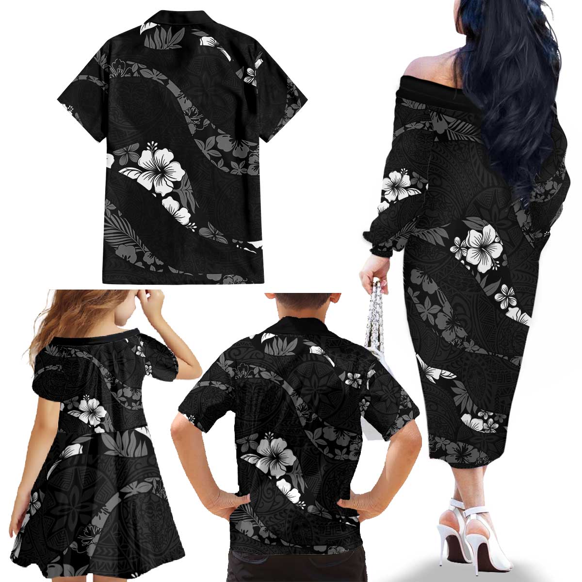 Aloha Hawaii Floral Tapa Family Matching Off The Shoulder Long Sleeve Dress and Hawaiian Shirt Patchwork Charcoal - Polynesian Pride