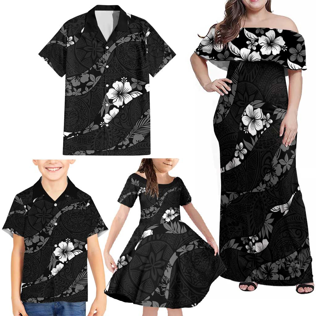 Aloha Hawaii Floral Tapa Family Matching Off Shoulder Maxi Dress and Hawaiian Shirt Patchwork Charcoal - Polynesian Pride
