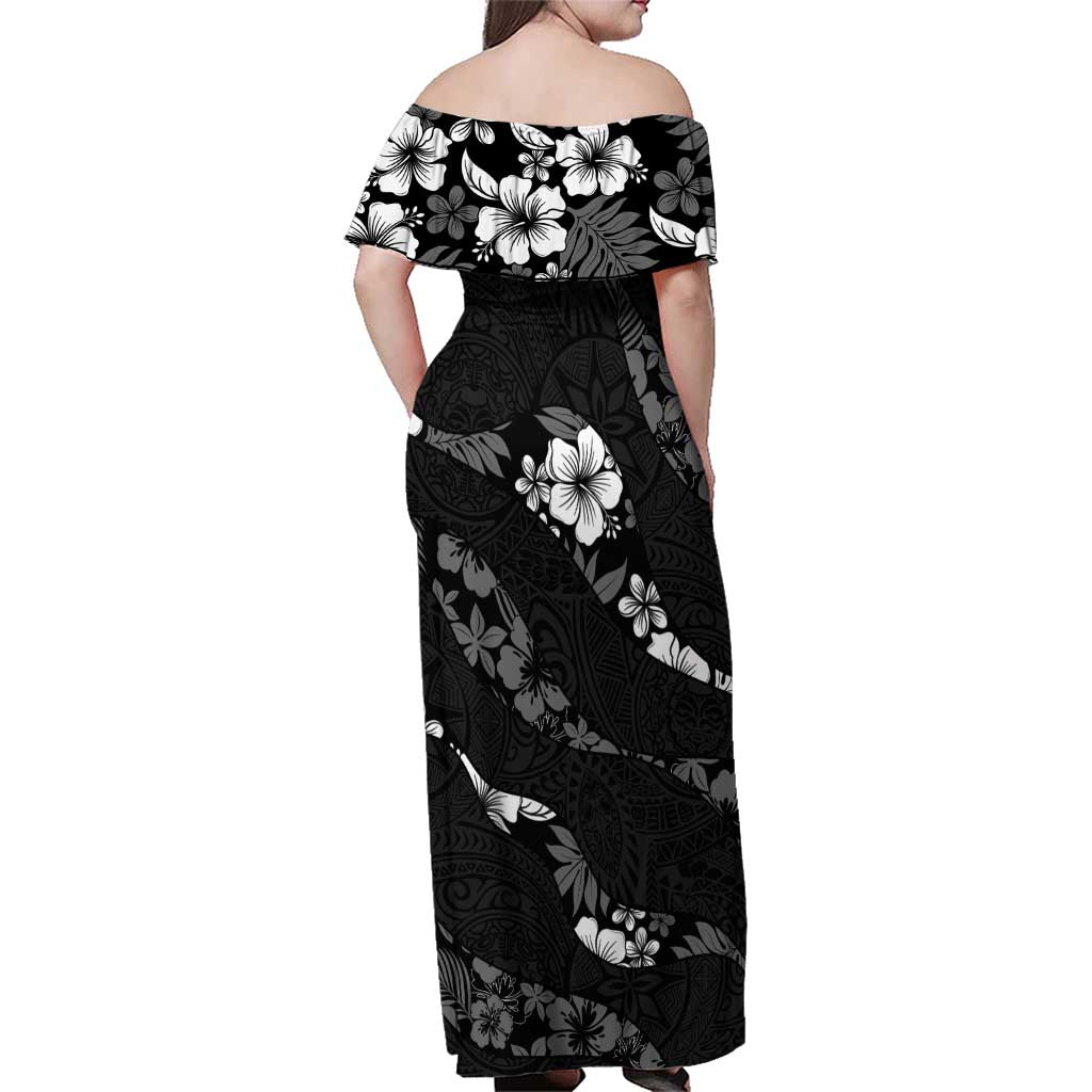 Aloha Hawaii Floral Tapa Family Matching Off Shoulder Maxi Dress and Hawaiian Shirt Patchwork Charcoal - Polynesian Pride