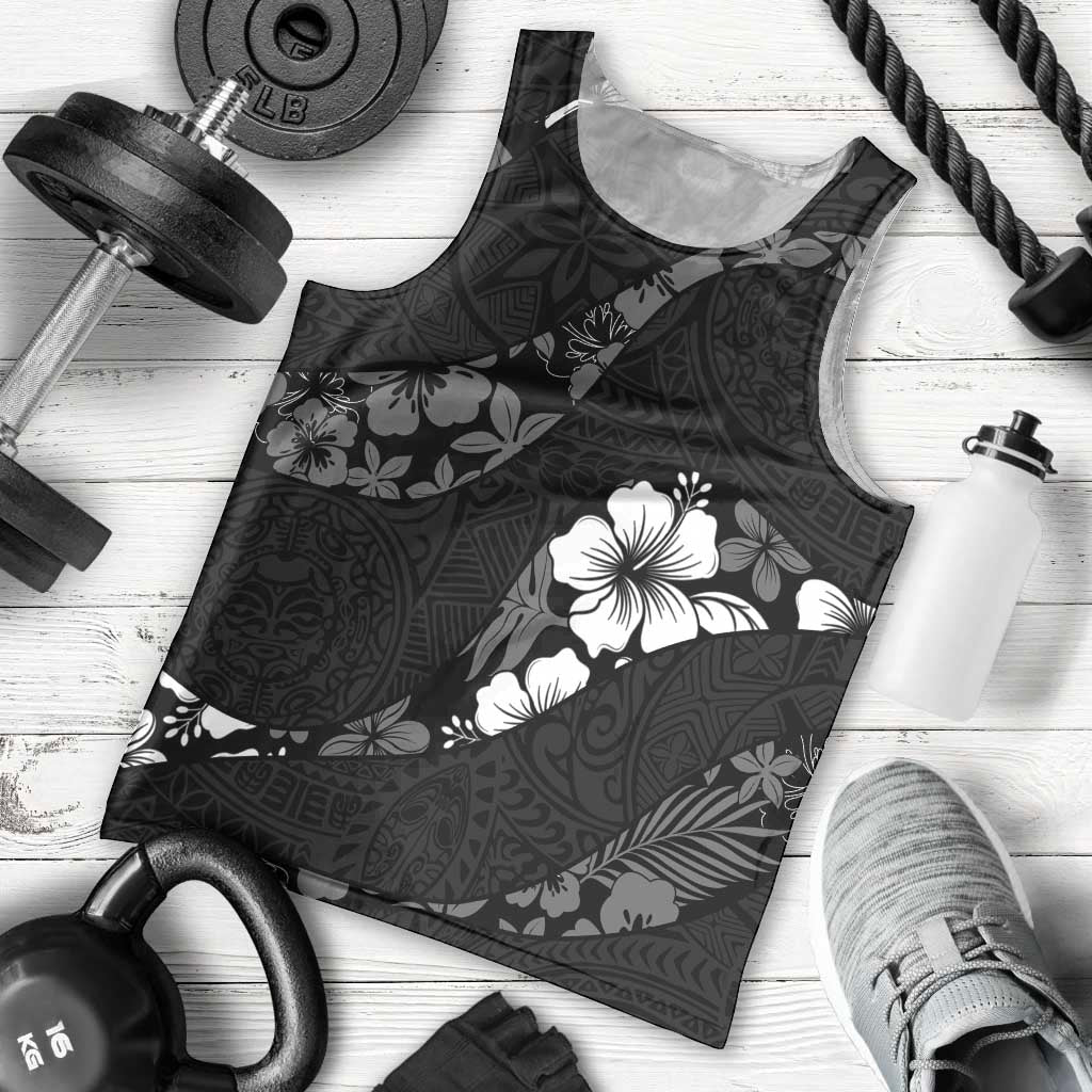 Aloha Hawaii Floral Tapa Men Tank Top Patchwork Charcoal - Polynesian Pride