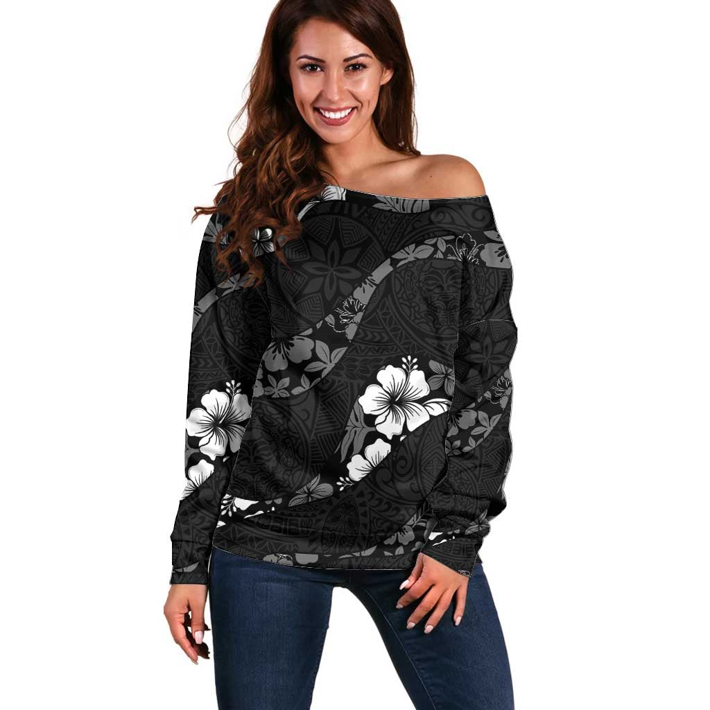 Aloha Hawaii Floral Tapa Off Shoulder Sweater Patchwork Charcoal - Polynesian Pride