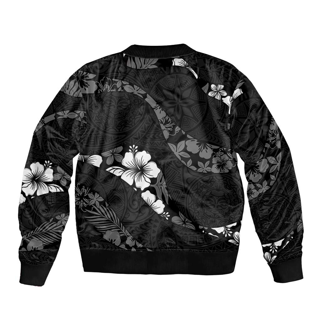 Aloha Hawaii Floral Tapa Sleeve Zip Bomber Jacket Patchwork Charcoal - Polynesian Pride