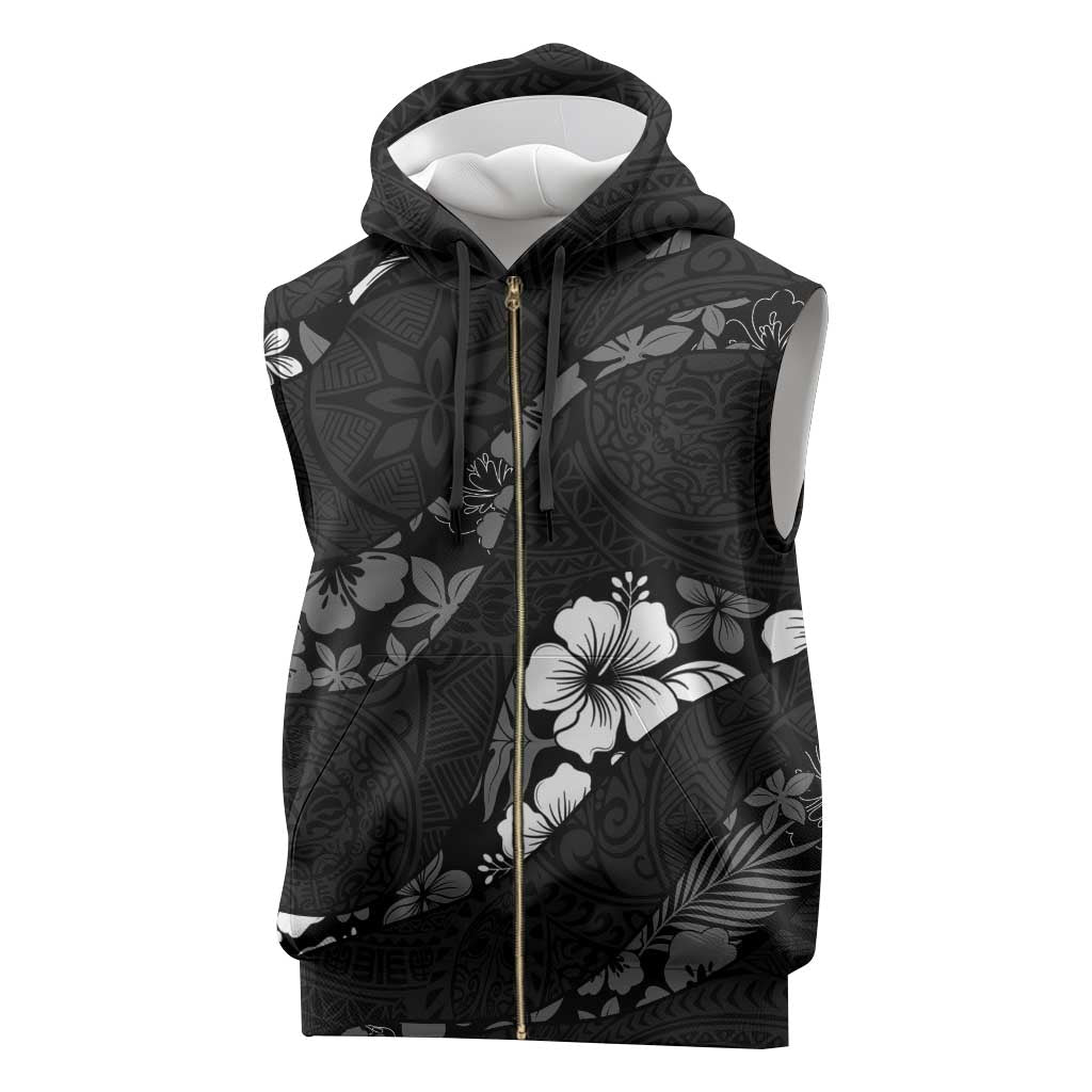 Aloha Hawaii Floral Tapa Sleeveless Zip Hoodie Patchwork Charcoal - Polynesian Pride