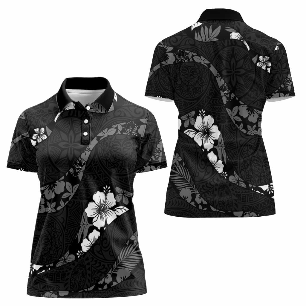 Aloha Hawaii Floral Tapa Women Polo Shirt Patchwork Charcoal - Polynesian Pride