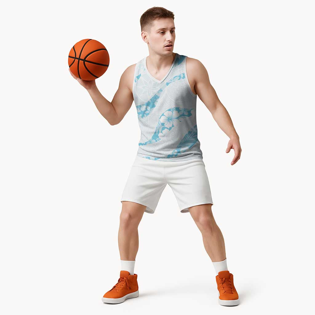 Aloha Hawaii Floral Tapa Basketball Jersey Patchwork Turquoise - Polynesian Pride