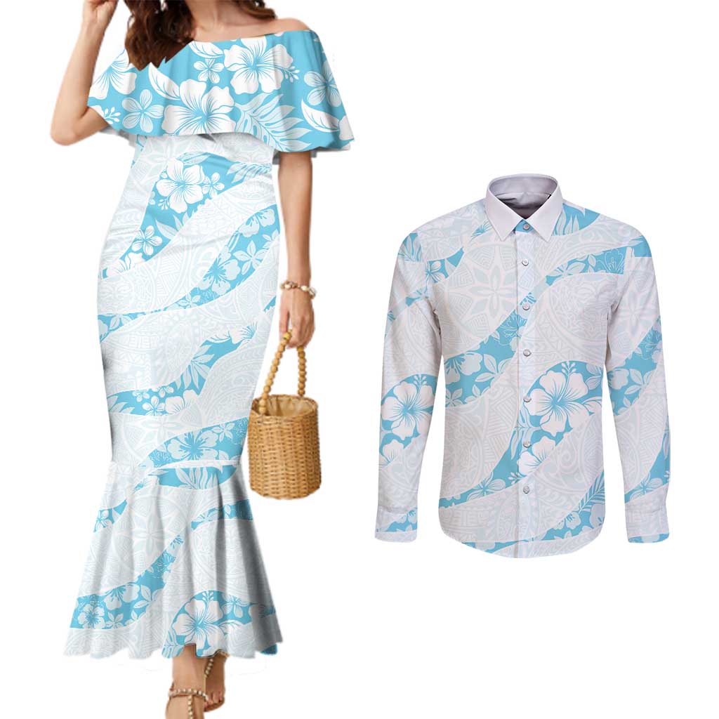 Aloha Hawaii Floral Tapa Couples Matching Mermaid Dress and Long Sleeve Button Shirt Patchwork Turquoise - Polynesian Pride
