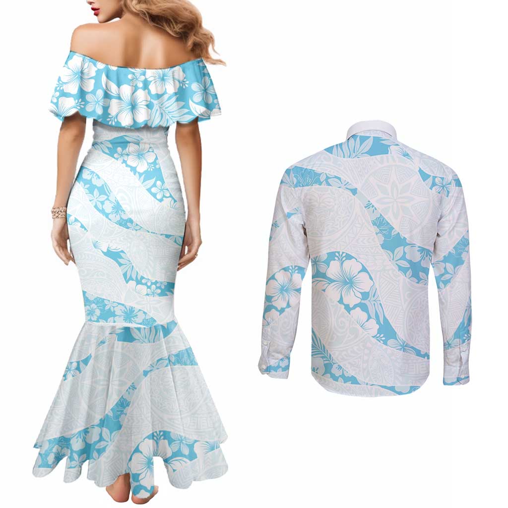 Aloha Hawaii Floral Tapa Couples Matching Mermaid Dress and Long Sleeve Button Shirt Patchwork Turquoise - Polynesian Pride