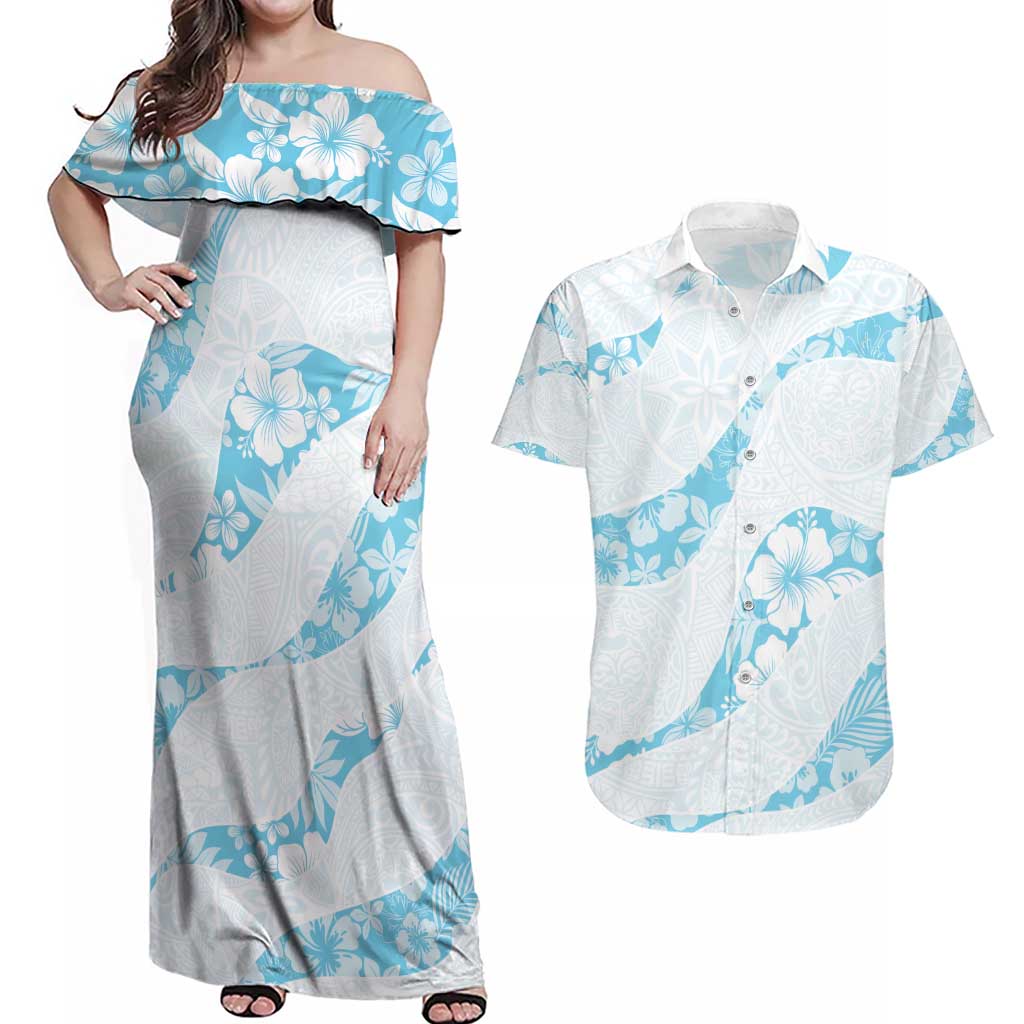 Aloha Hawaii Floral Tapa Couples Matching Off Shoulder Maxi Dress and Hawaiian Shirt Patchwork Turquoise - Polynesian Pride