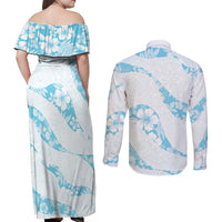 Aloha Hawaii Floral Tapa Couples Matching Off Shoulder Maxi Dress and Long Sleeve Button Shirt Patchwork Turquoise - Polynesian Pride