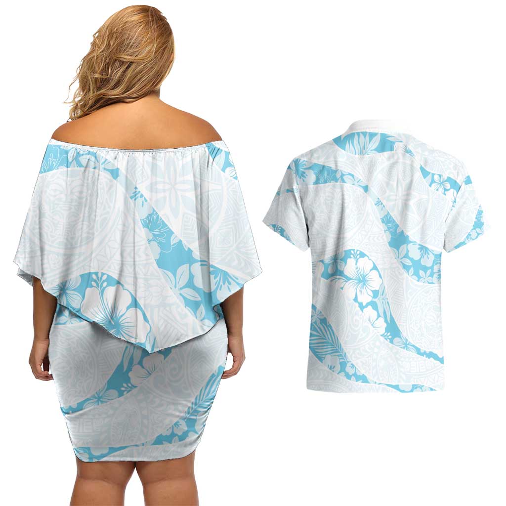 Aloha Hawaii Floral Tapa Couples Matching Off Shoulder Short Dress and Hawaiian Shirt Patchwork Turquoise - Polynesian Pride