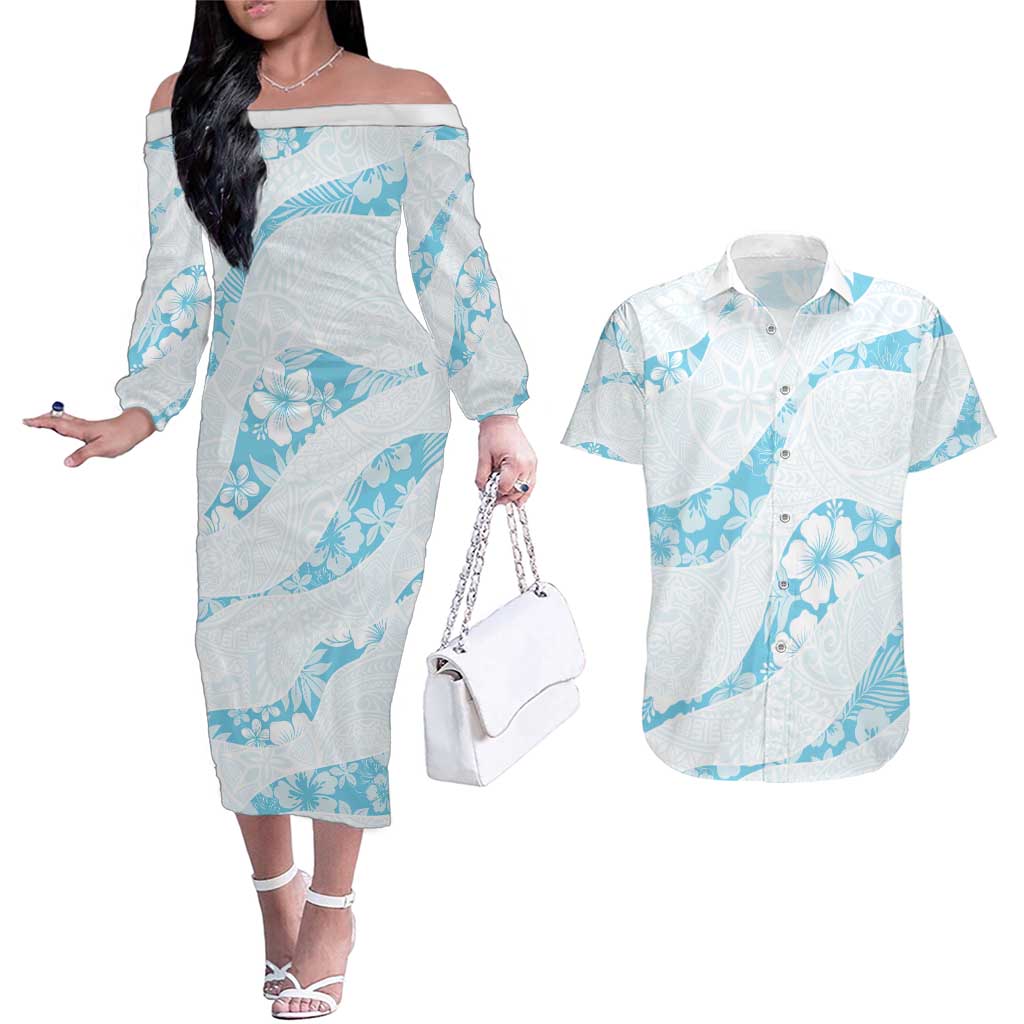 Aloha Hawaii Floral Tapa Couples Matching Off The Shoulder Long Sleeve Dress and Hawaiian Shirt Patchwork Turquoise - Polynesian Pride