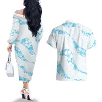 Aloha Hawaii Floral Tapa Couples Matching Off The Shoulder Long Sleeve Dress and Hawaiian Shirt Patchwork Turquoise - Polynesian Pride