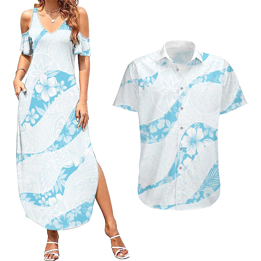 Aloha Hawaii Floral Tapa Couples Matching Summer Maxi Dress and Hawaiian Shirt Patchwork Turquoise - Polynesian Pride
