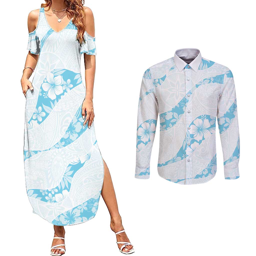 Aloha Hawaii Floral Tapa Couples Matching Summer Maxi Dress and Long Sleeve Button Shirt Patchwork Turquoise - Polynesian Pride