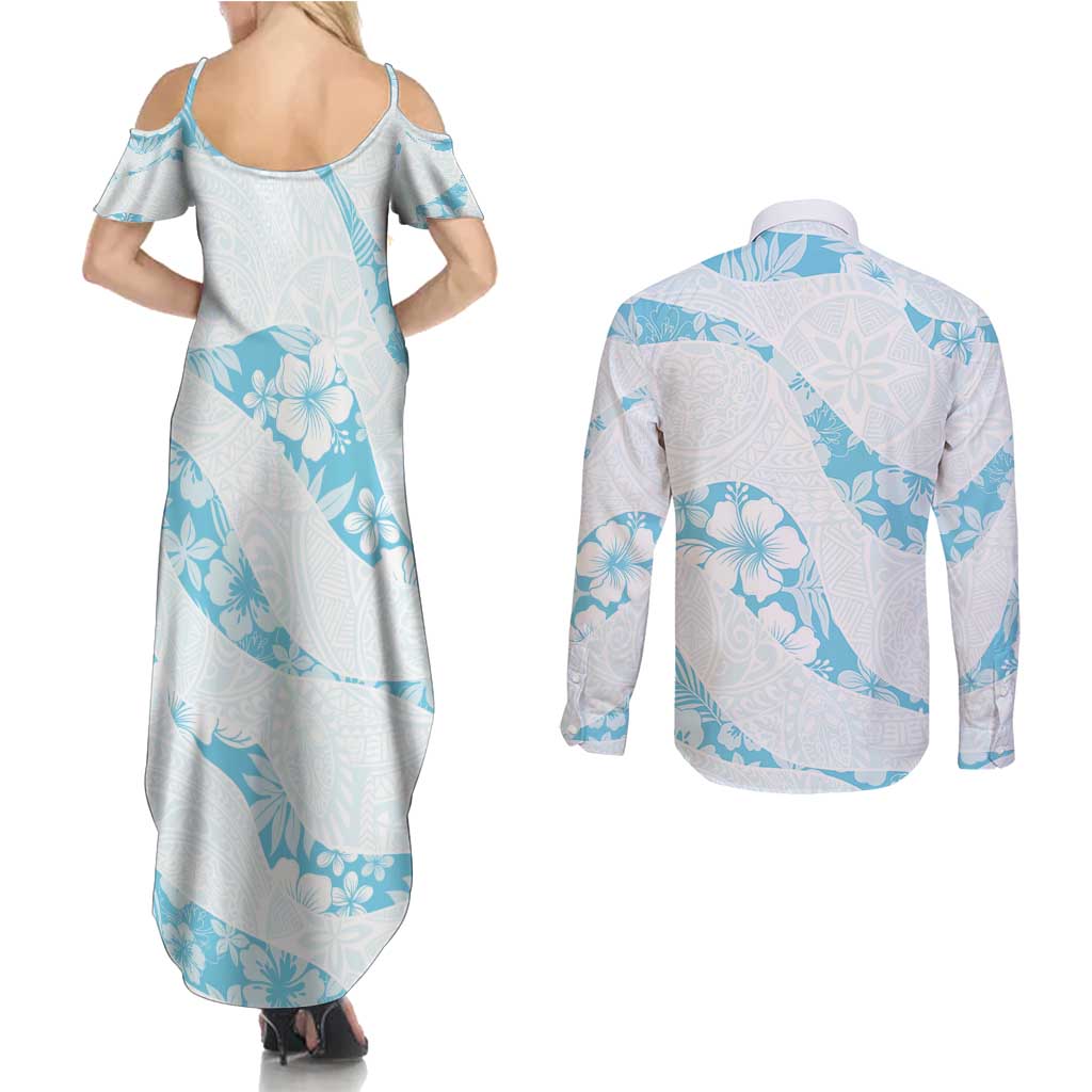 Aloha Hawaii Floral Tapa Couples Matching Summer Maxi Dress and Long Sleeve Button Shirt Patchwork Turquoise - Polynesian Pride