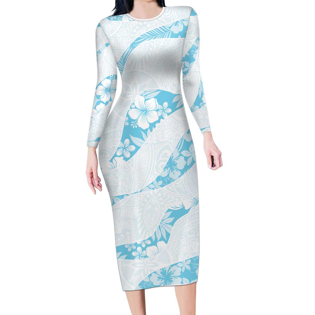 Aloha Hawaii Floral Tapa Family Matching Long Sleeve Bodycon Dress and Hawaiian Shirt Patchwork Turquoise - Polynesian Pride