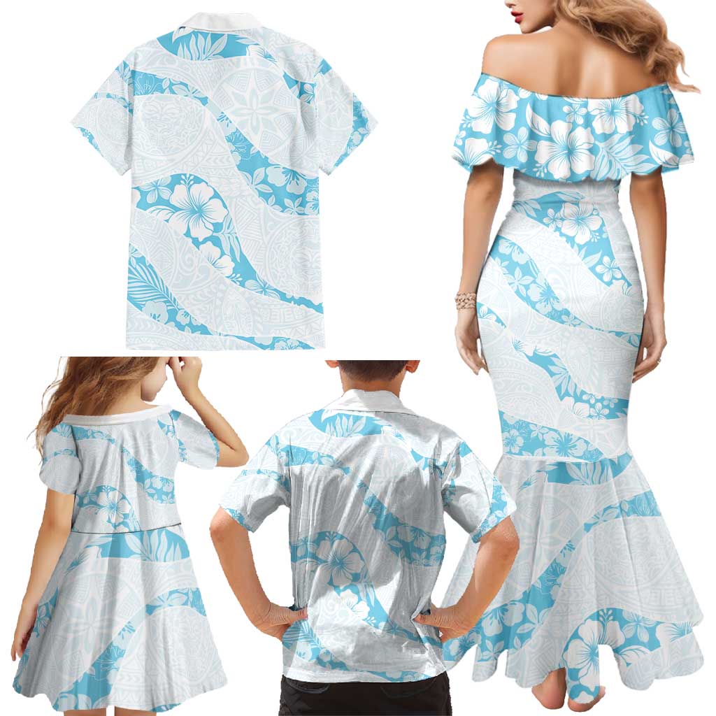 Aloha Hawaii Floral Tapa Family Matching Mermaid Dress and Hawaiian Shirt Patchwork Turquoise - Polynesian Pride