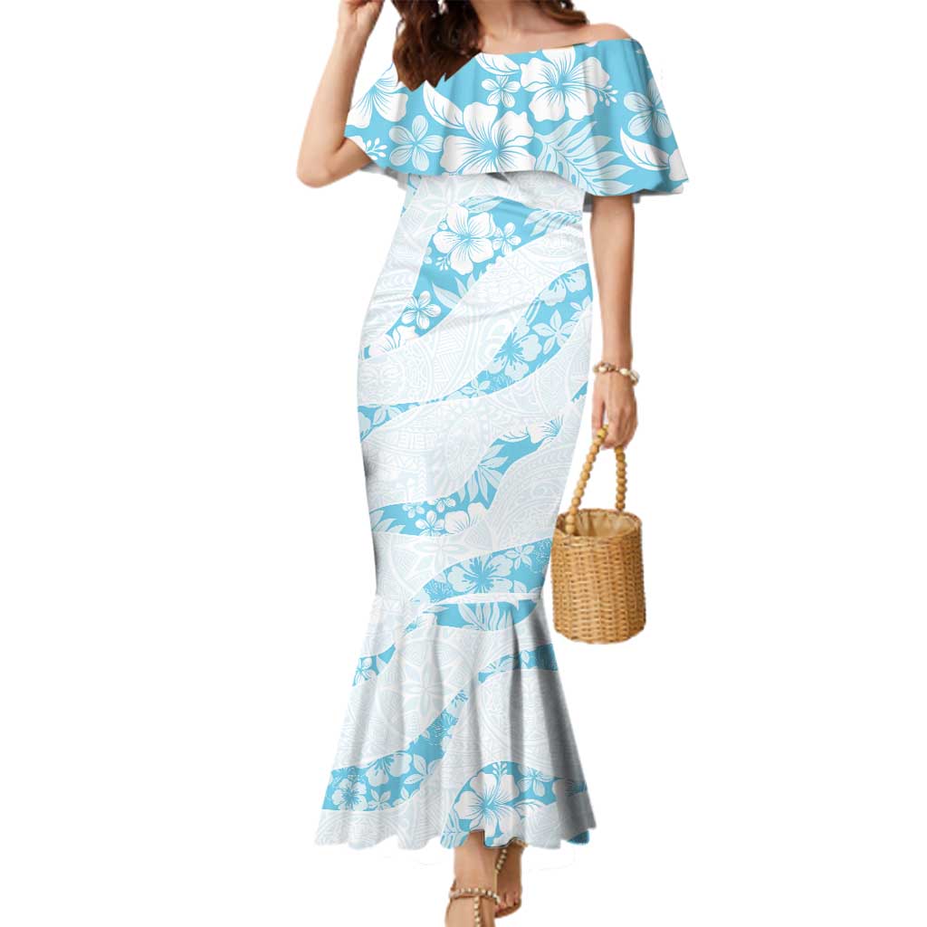 Aloha Hawaii Floral Tapa Family Matching Mermaid Dress and Hawaiian Shirt Patchwork Turquoise - Polynesian Pride