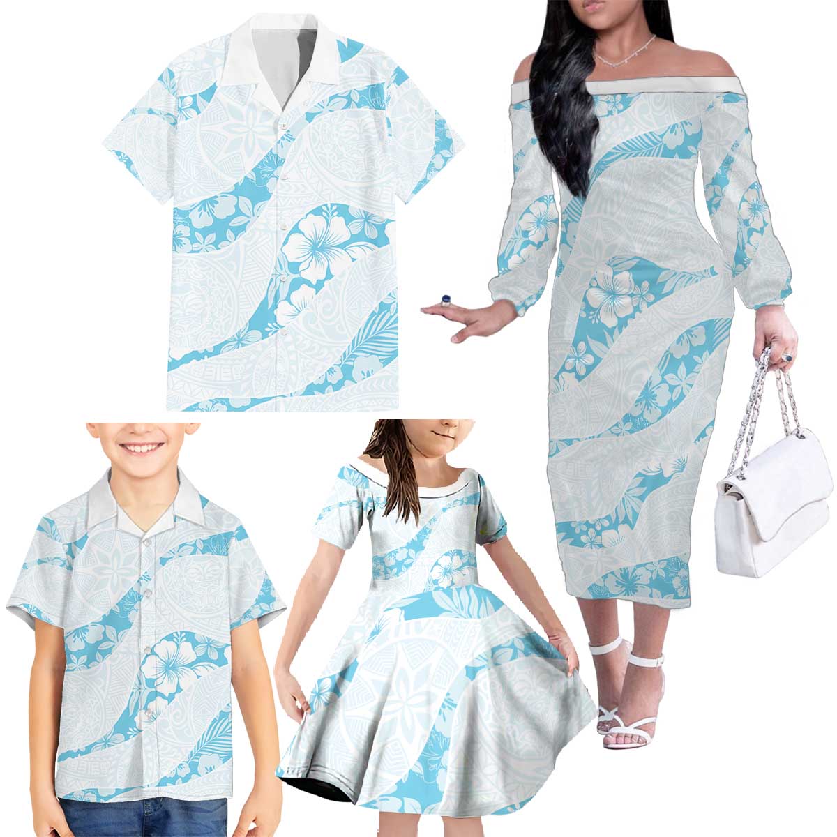 Aloha Hawaii Floral Tapa Family Matching Off The Shoulder Long Sleeve Dress and Hawaiian Shirt Patchwork Turquoise - Polynesian Pride