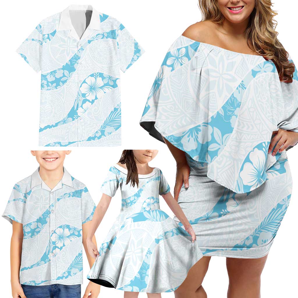 Aloha Hawaii Floral Tapa Family Matching Off Shoulder Short Dress and Hawaiian Shirt Patchwork Turquoise - Polynesian Pride