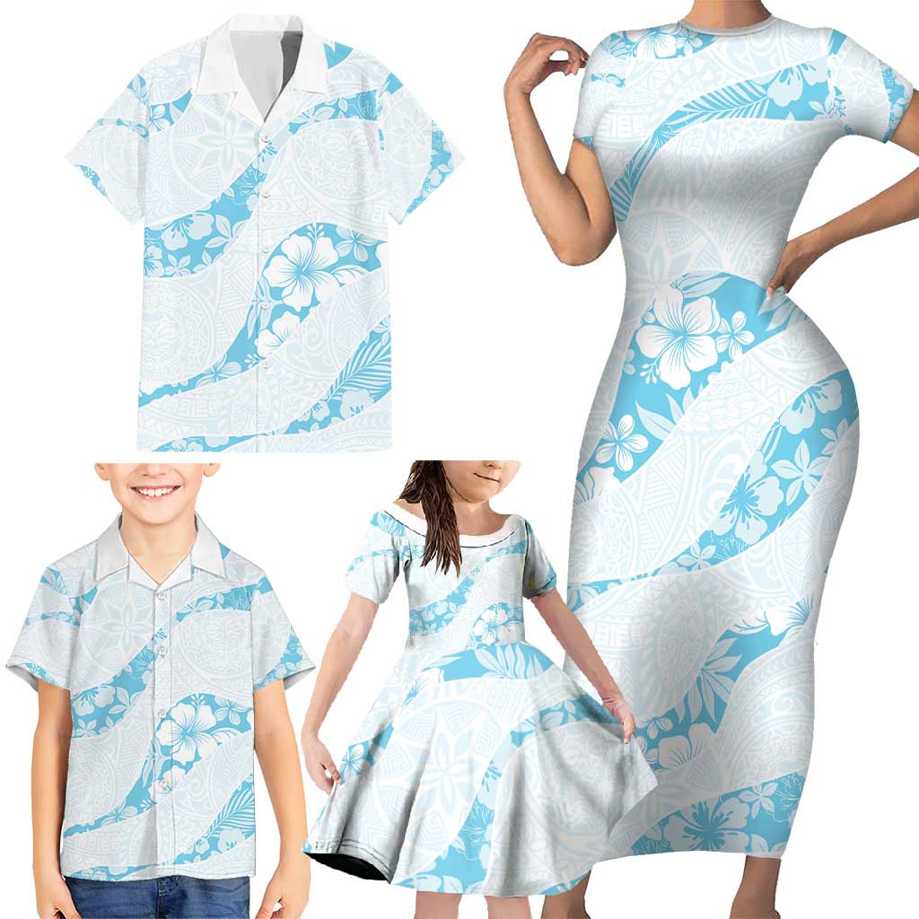 Aloha Hawaii Floral Tapa Family Matching Short Sleeve Bodycon Dress and Hawaiian Shirt Patchwork Turquoise - Polynesian Pride