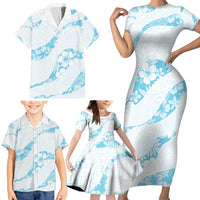 Aloha Hawaii Floral Tapa Family Matching Short Sleeve Bodycon Dress and Hawaiian Shirt Patchwork Turquoise - Polynesian Pride