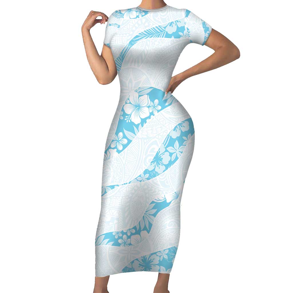 Aloha Hawaii Floral Tapa Family Matching Short Sleeve Bodycon Dress and Hawaiian Shirt Patchwork Turquoise - Polynesian Pride