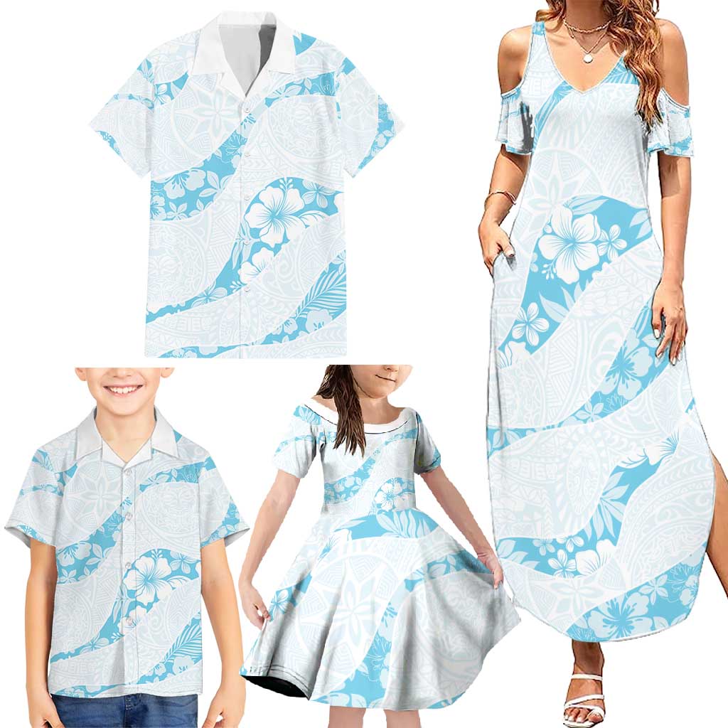 Aloha Hawaii Floral Tapa Family Matching Summer Maxi Dress and Hawaiian Shirt Patchwork Turquoise - Polynesian Pride
