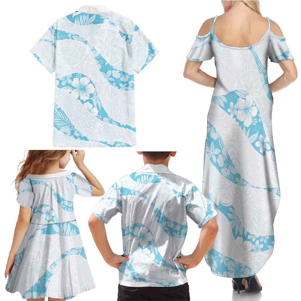 Aloha Hawaii Floral Tapa Family Matching Summer Maxi Dress and Hawaiian Shirt Patchwork Turquoise - Polynesian Pride