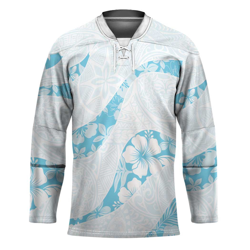 Aloha Hawaii Floral Tapa Hockey Jersey Patchwork Turquoise - Polynesian Pride