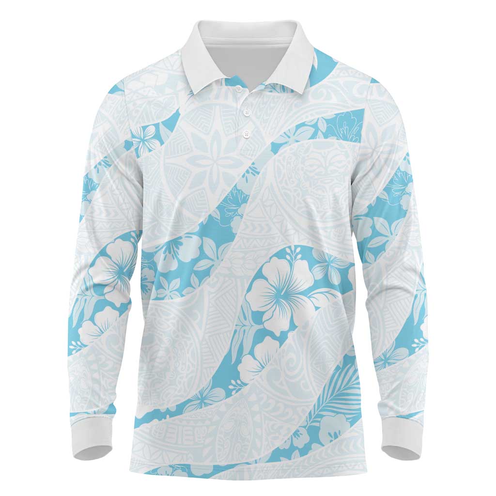 Aloha Hawaii Floral Tapa Long Sleeve Polo Shirt Patchwork Turquoise - Polynesian Pride