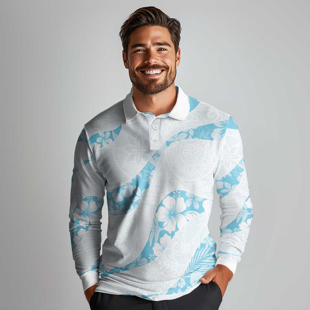 Aloha Hawaii Floral Tapa Long Sleeve Polo Shirt Patchwork Turquoise - Polynesian Pride