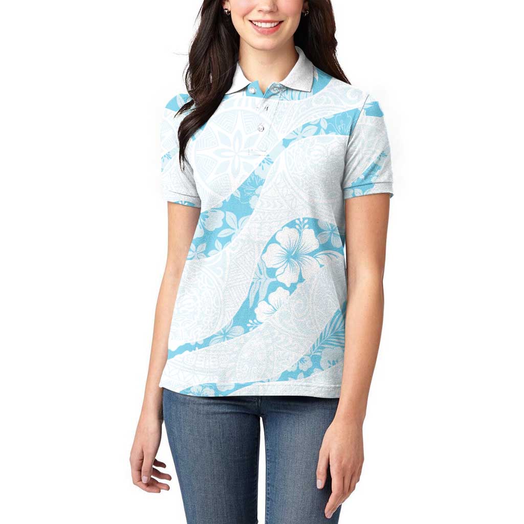 Aloha Hawaii Floral Tapa Women Polo Shirt Patchwork Turquoise - Polynesian Pride