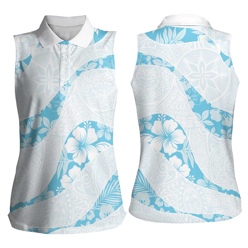 Aloha Hawaii Floral Tapa Women Sleeveless Polo Shirt Patchwork Turquoise - Polynesian Pride