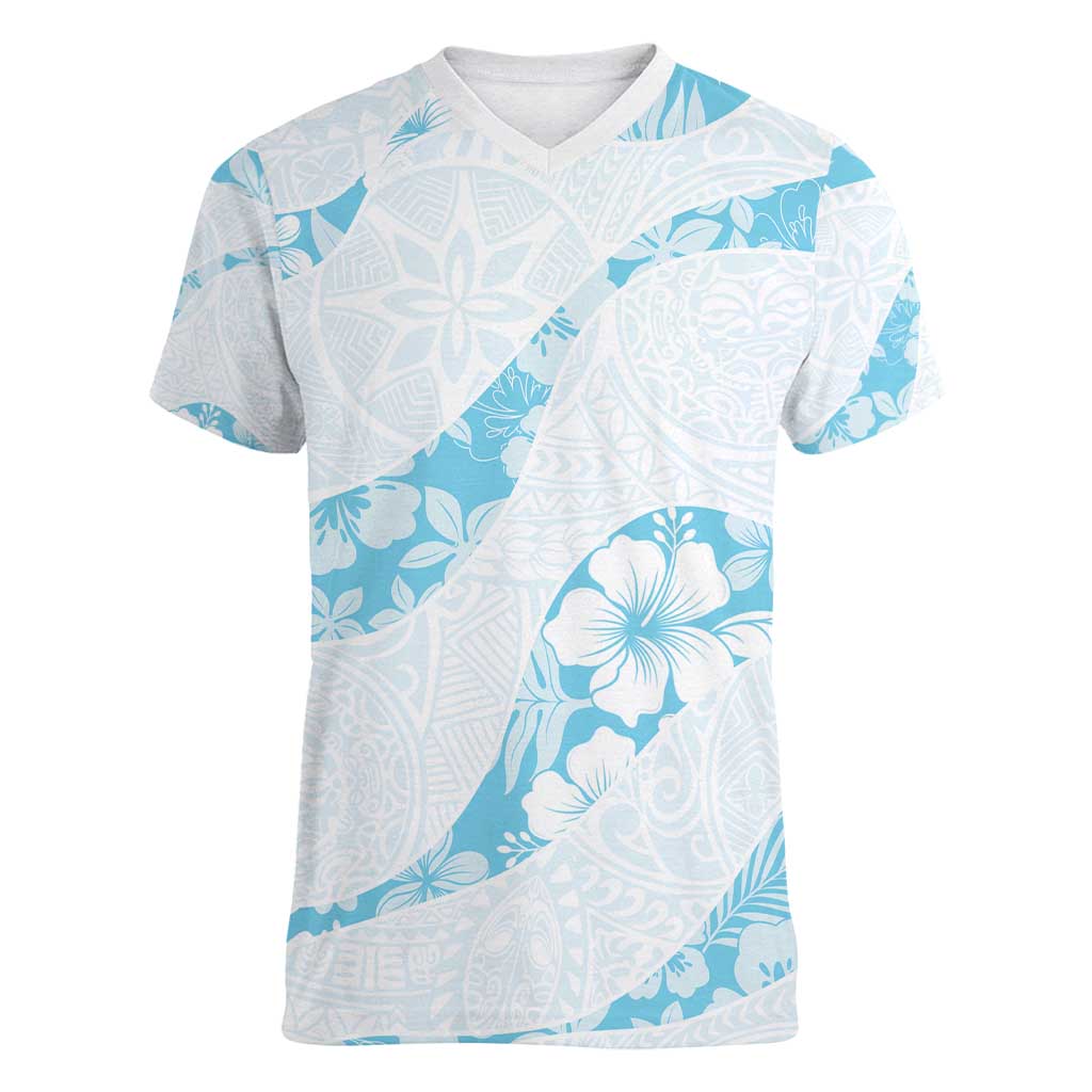 Aloha Hawaii Floral Tapa Women V-Neck T-Shirt Patchwork Turquoise - Polynesian Pride