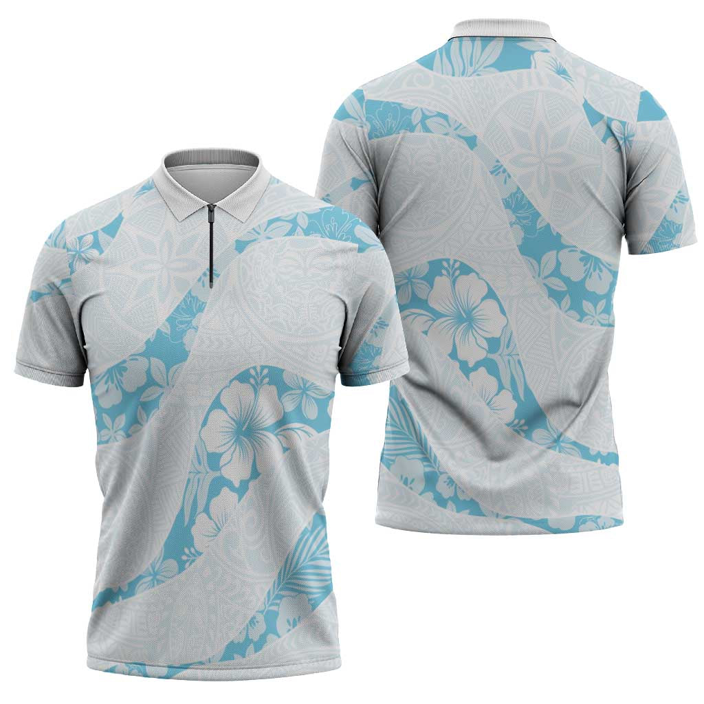 Aloha Hawaii Floral Tapa Zipper Polo Shirt Patchwork Turquoise - Polynesian Pride