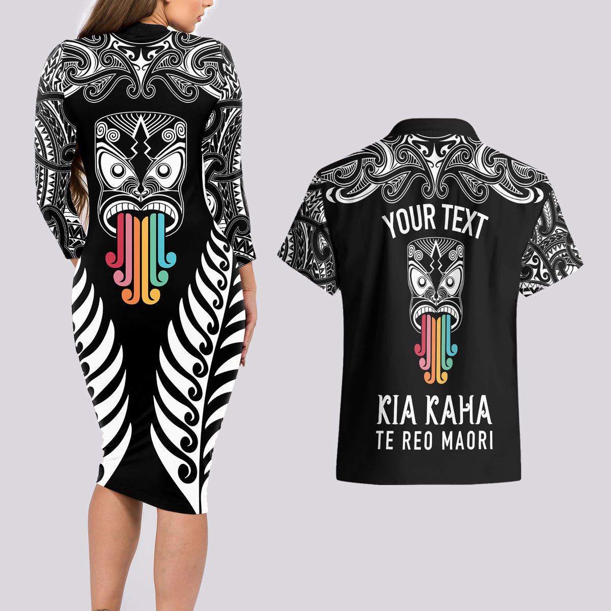 personalised-kia-kaha-te-reo-maori-couples-matching-long-sleeve-bodycon-dress-and-hawaiian-shirt-hei-tiki-mix-koru-black